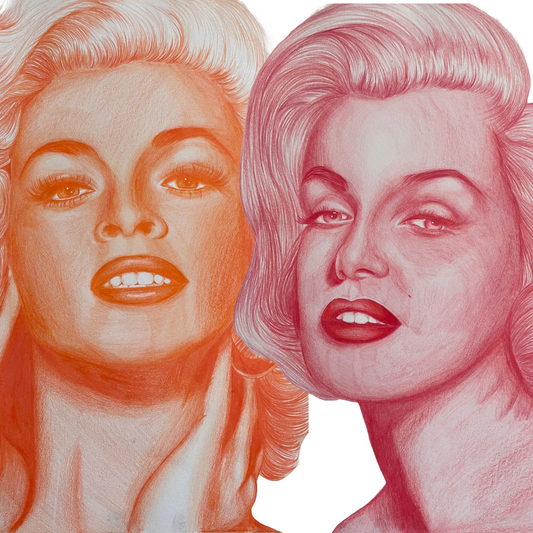 Red, orange, Marilyn Monroe and Jayne Mansfield coloured pencil portraits